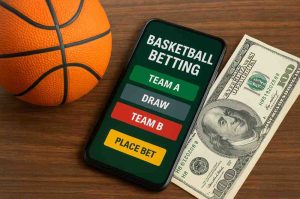 Jogadores de basquete em ação com apostas esportivas no 63B cassino.