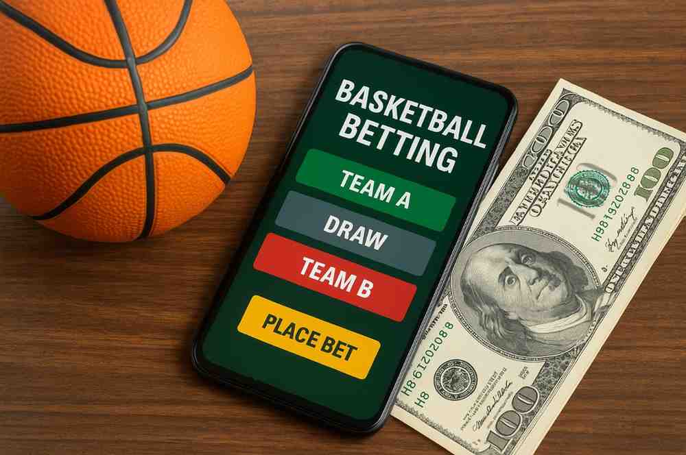 Jogadores de basquete em ação com apostas esportivas no 63B cassino.
